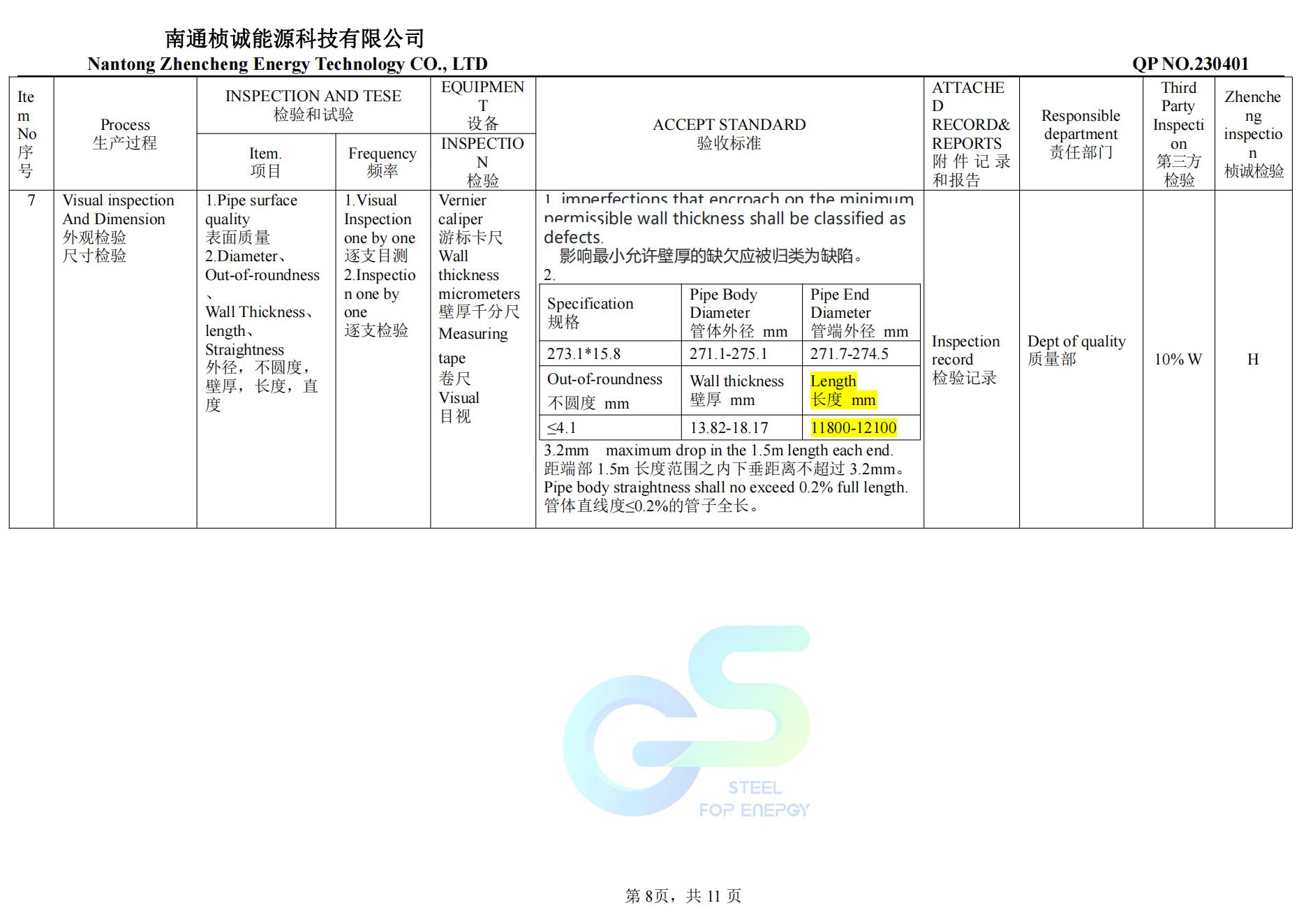 QCP page 8 — API 5L X65QS PSL-2 3LPP quality control plan